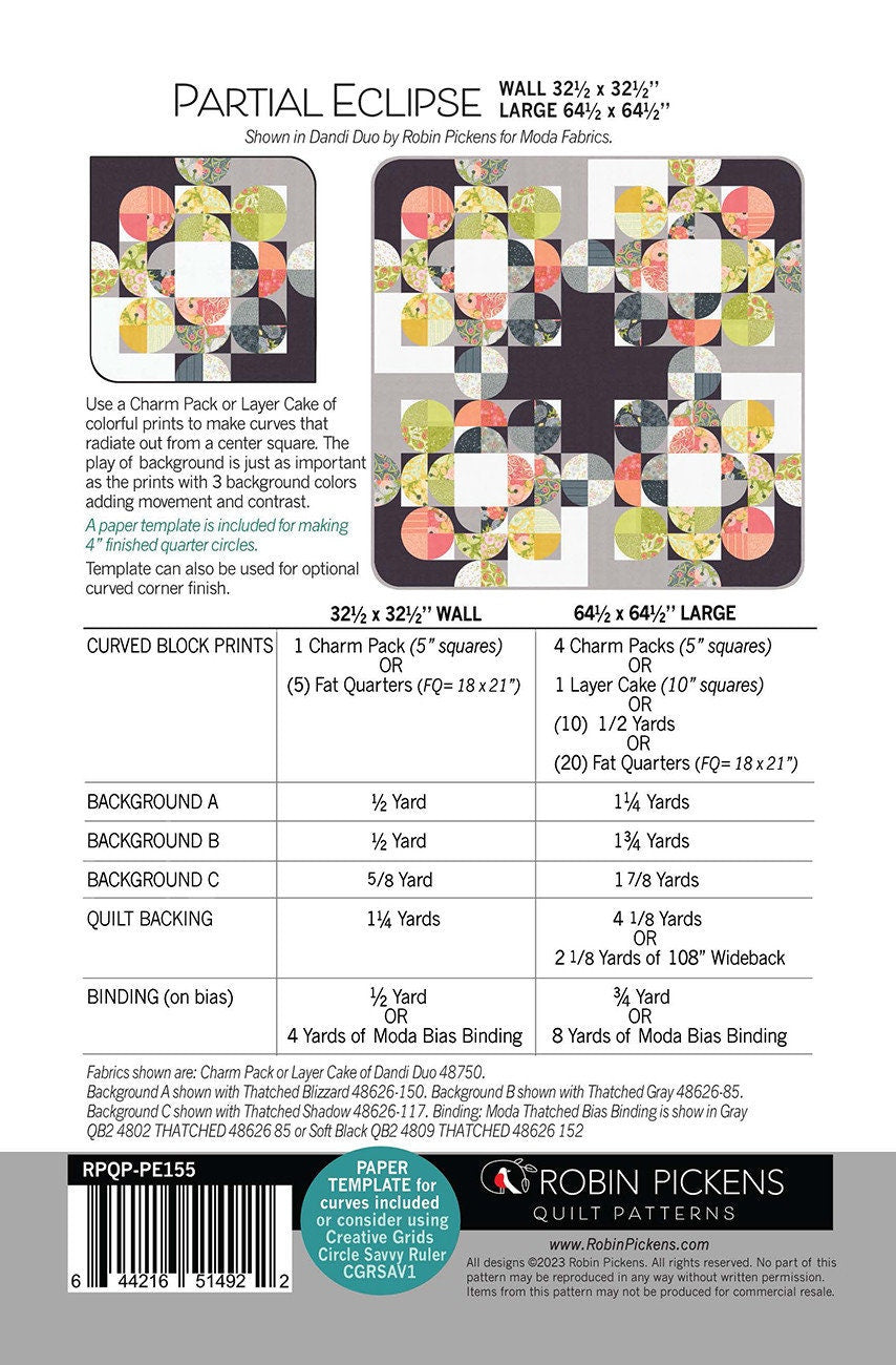 Partial Eclipse Quilt Pattern, Robin Pickens RPQP-PE155, Fat Quarter FQ Charm Pack Layer Cake Friendly Curved Piecing Quilt Pattern