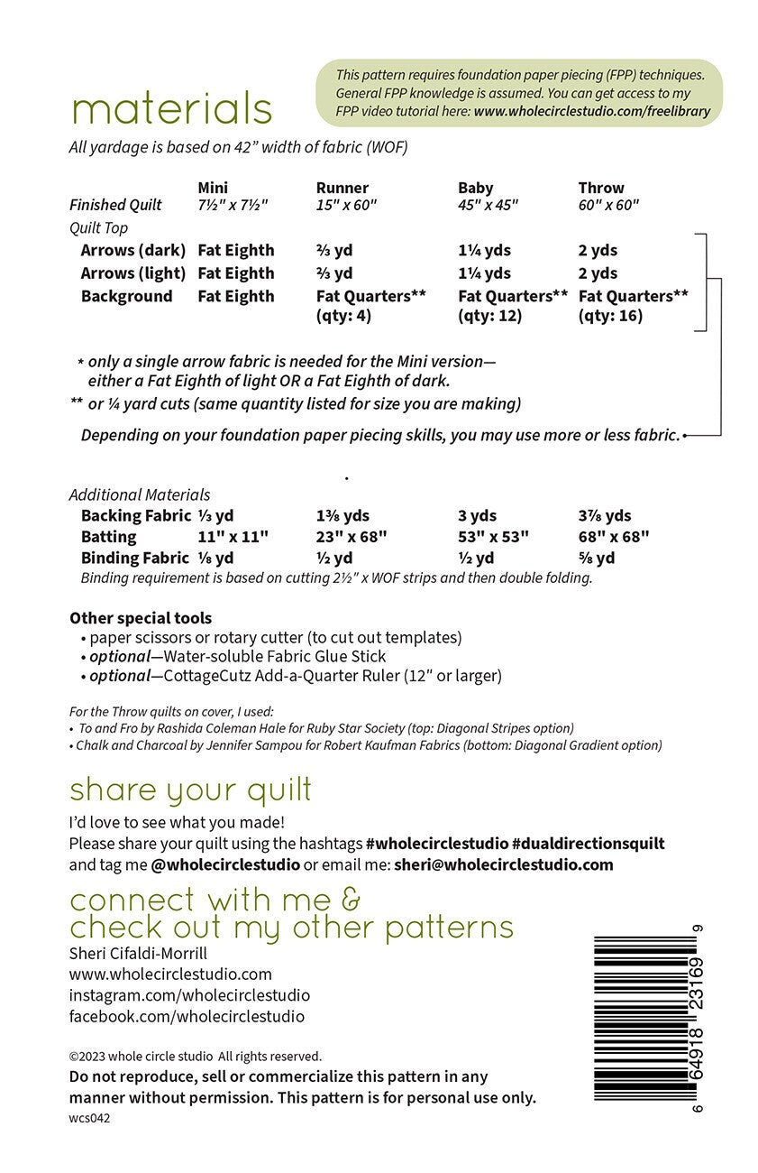 Dual Directions Quilt Pattern, Whole Circle Studio WCS042, Fat Quarter Fat Eighths Friendly Arrow Quilt Pattern, Foundation Paper Piecing