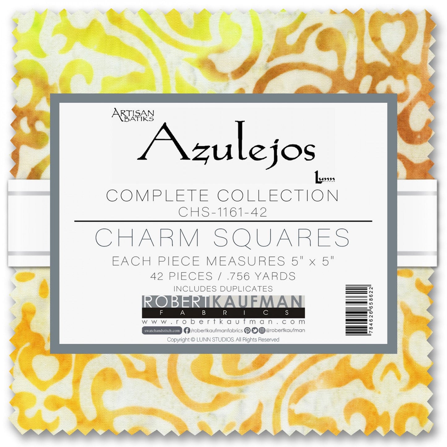 Azulejos Batik Charm Squares, Robert Kaufman CHS-1161-42, Artisan Batiks Yellow Green Blue Charm Pack, 5" Inch Precut Fabric Squares