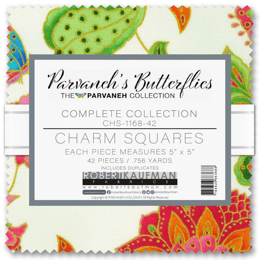 Parvaneh's Butterflies Charm Squares, Robert Kaufman CHS-1168-42, 5" Inch Precut Fabric Squares, Floral Butterfly Dragonfly Fabric