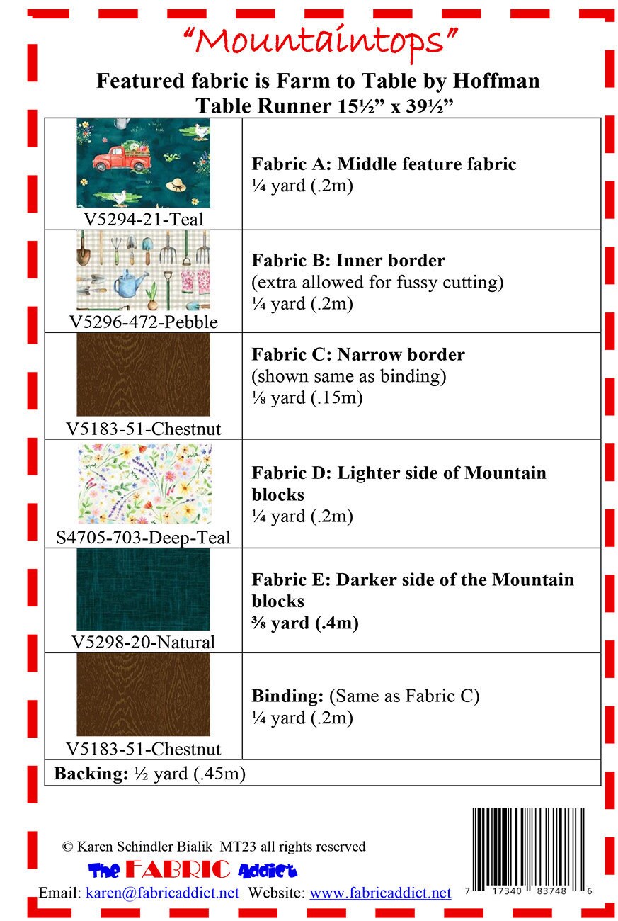 Mountaintops Quilt Pattern, FAMT23, Yardage Friendly Table Runner Quilt Pattern, Karen Schindler Bialik, The Fabric Addict