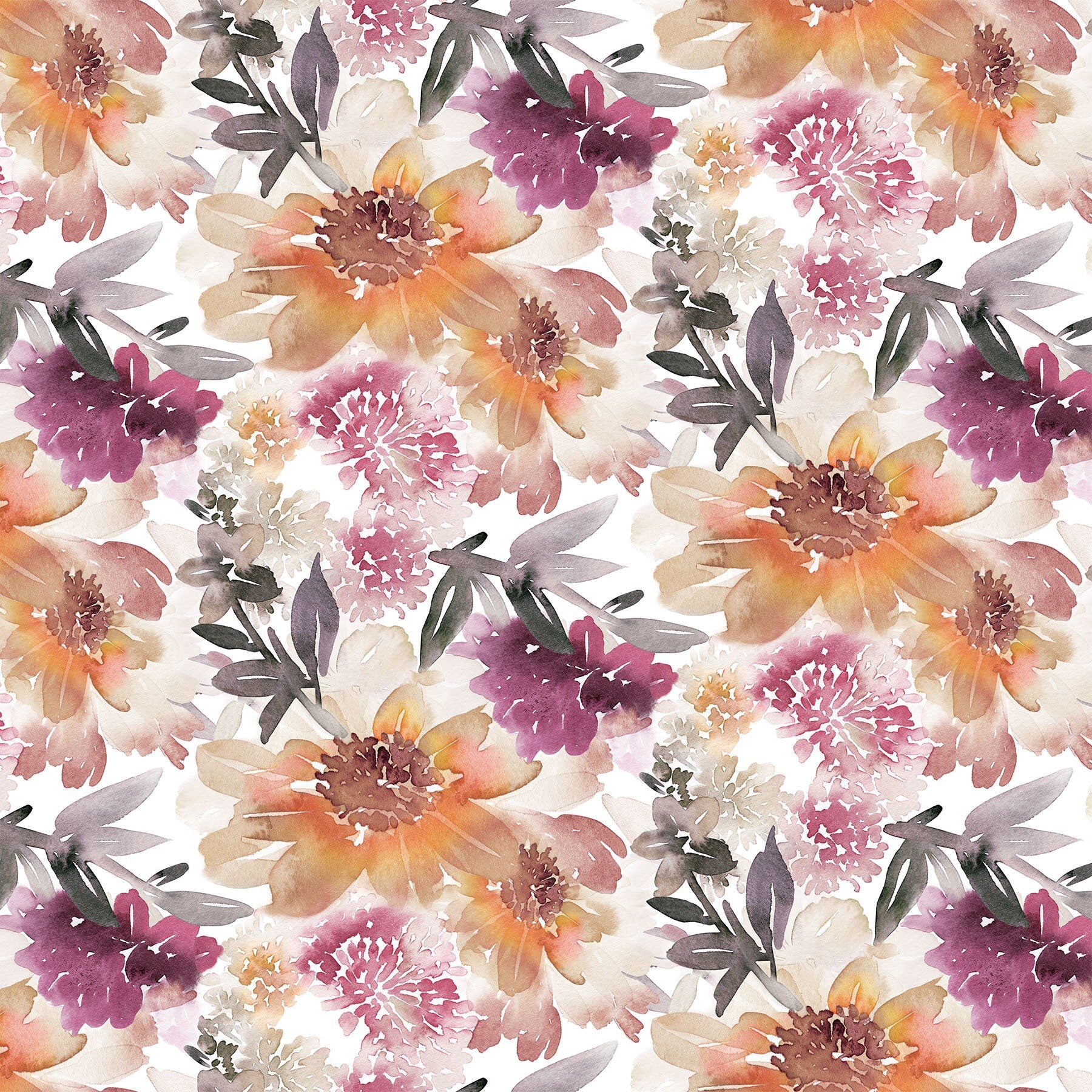 Vivian Tiles, Northcott TVIVIAN42-10, Burgundy Peach Gray Watercolor Floral Quilt Fabric, 10" Inch Fabric Squares