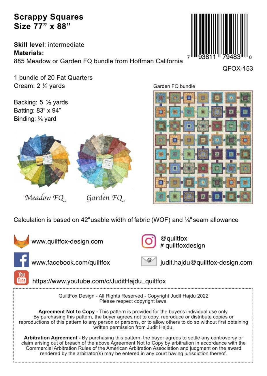 Scrappy Squares Quilt Pattern, QuiltFOX QFOX153, Fat Quarter FQ Friendly Intermetiate Throw Quilt Pattern, Judit Hajdu