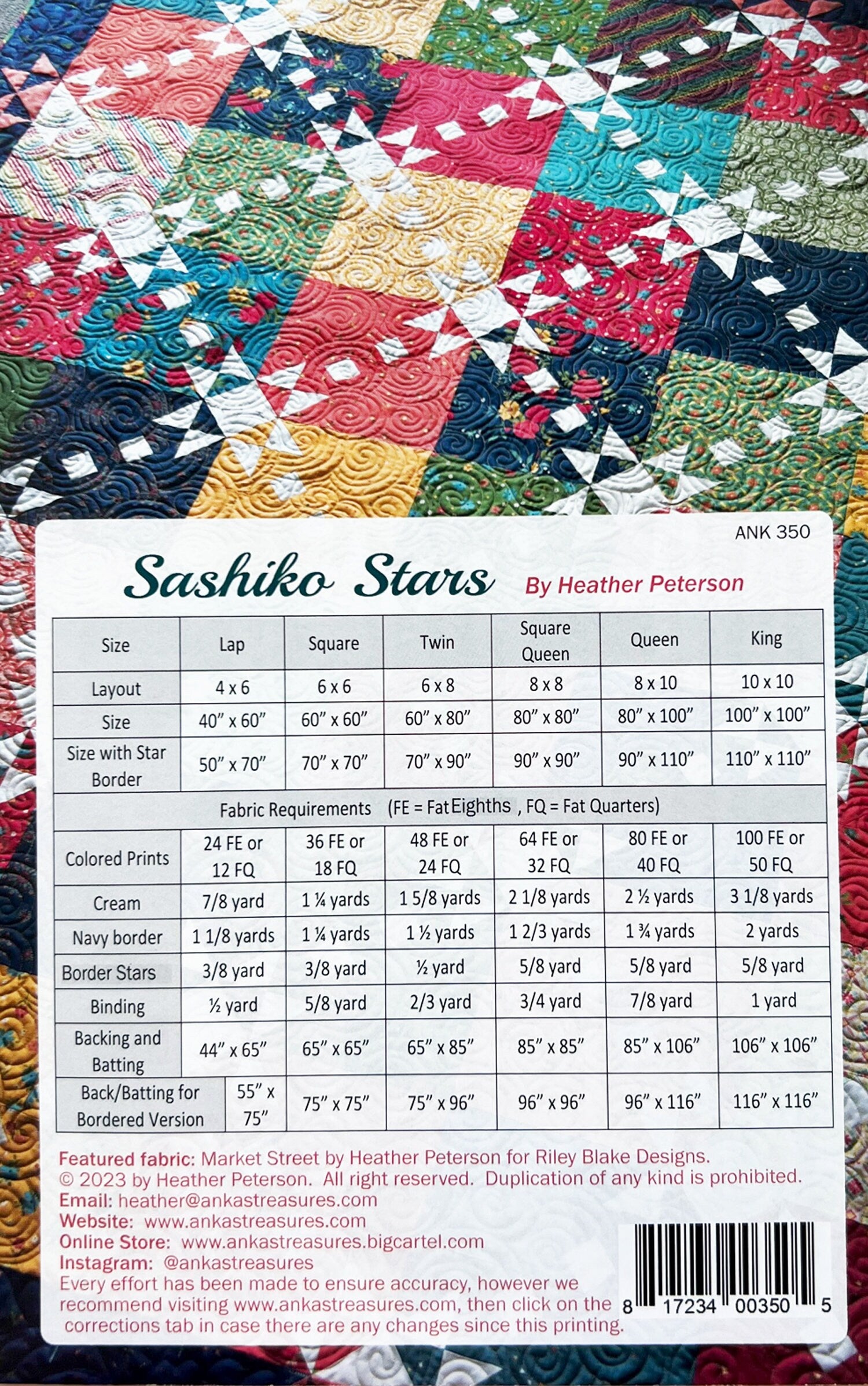 Sashiko Stars Quilt Pattern, Anka's Treasures ANK350, Fat Eighths Quarters F8 FQ Friendly Star Quilt Pattern