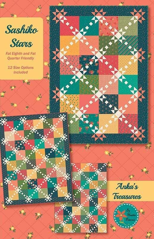 Sashiko Stars Quilt Pattern, Anka's Treasures ANK350, Fat Eighths Quarters F8 FQ Friendly Star Quilt Pattern