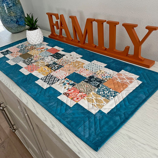 Modern Patchwork Blue Coral Quilted Table Runner, 15.25" x 36" Table Quilt, Blue Coral Gold Table Runner