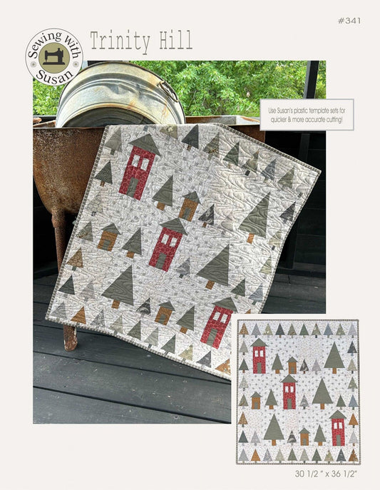 Trinity Hill Quilt Pattern, Suzn Quilts SUZ341, Charm Square Friendly Pine Trees Woodland Houses Throw Quilt Pattern