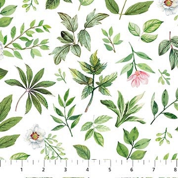 Blush - White Green Leaf Toss Floral Leaves Fabric, Northcott SP25621-10, Cotton Quilt Apparel Fabric, By the Yard
