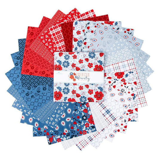 American Beauty 10" Stacker, Riley Blake 10-14440-42, Patriotic Floral Quilt Fabric Squares, Dani Mogstad
