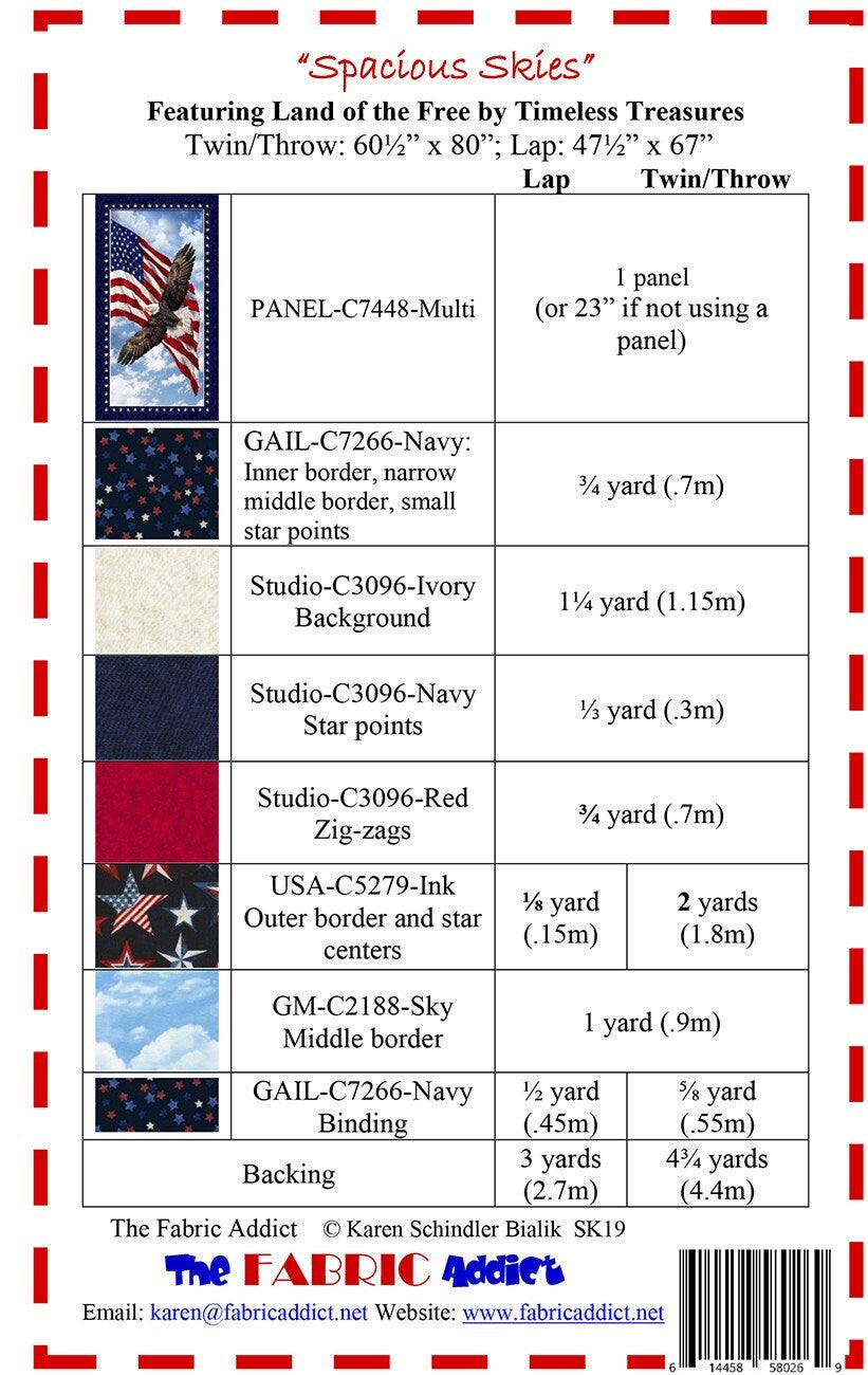 Spacious Skies Panel Quilt Pattern, The Fabric Addict FASK19, Yardage Panel Friendly, Patriotic Panel Frame Lap Throw Quilt Pattern