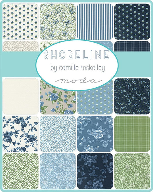 Shoreline Charm Pack, Moda 55300PP, Blue Green Floral Charm Pack Fabric, 5" Inch Precut Fabric Squares, Camille Roskelley