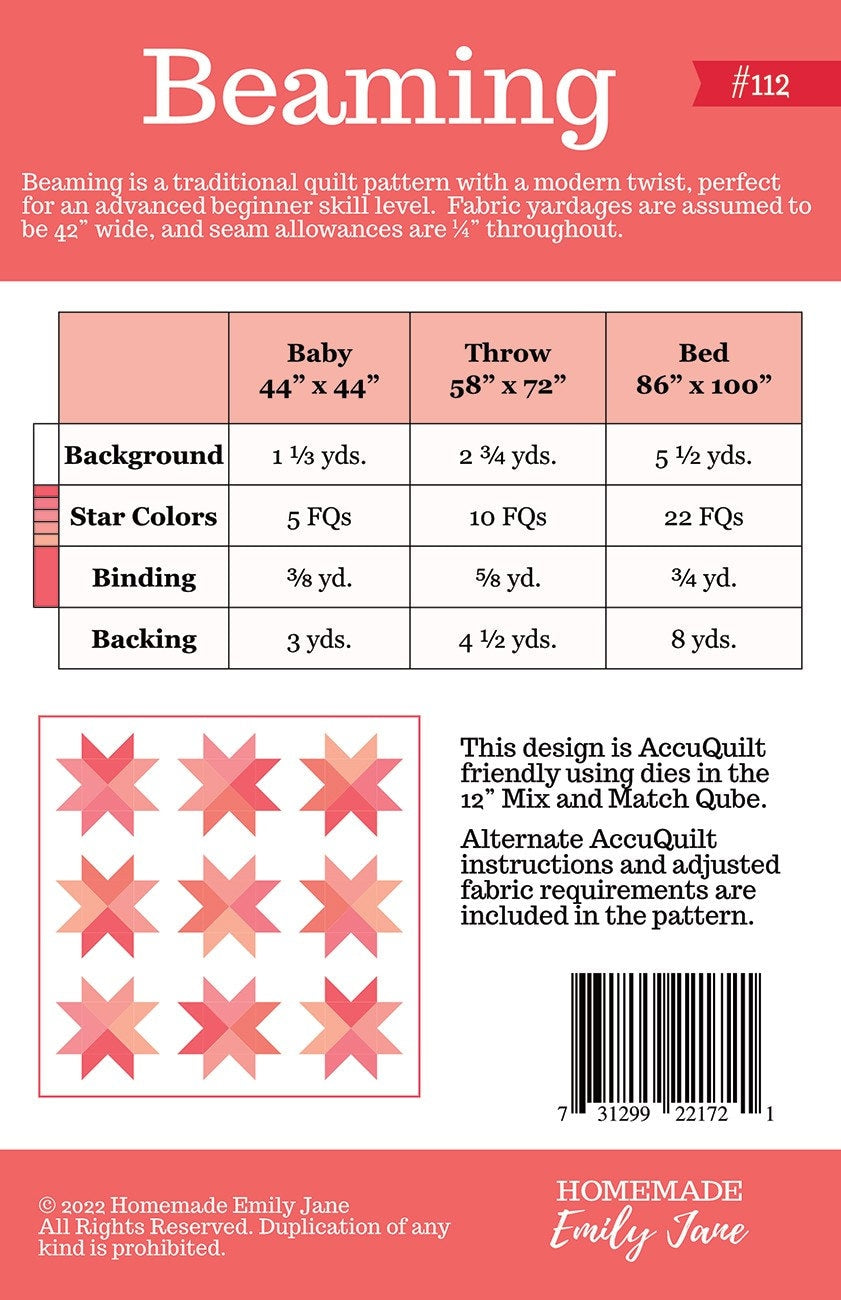 Beaming Quilt Pattern, Homemade by Emily Jane HMEJ112, Fat Quarter FQ Friendly Star Quilt Pattern, AccuQuilt GO Friendly Pattern