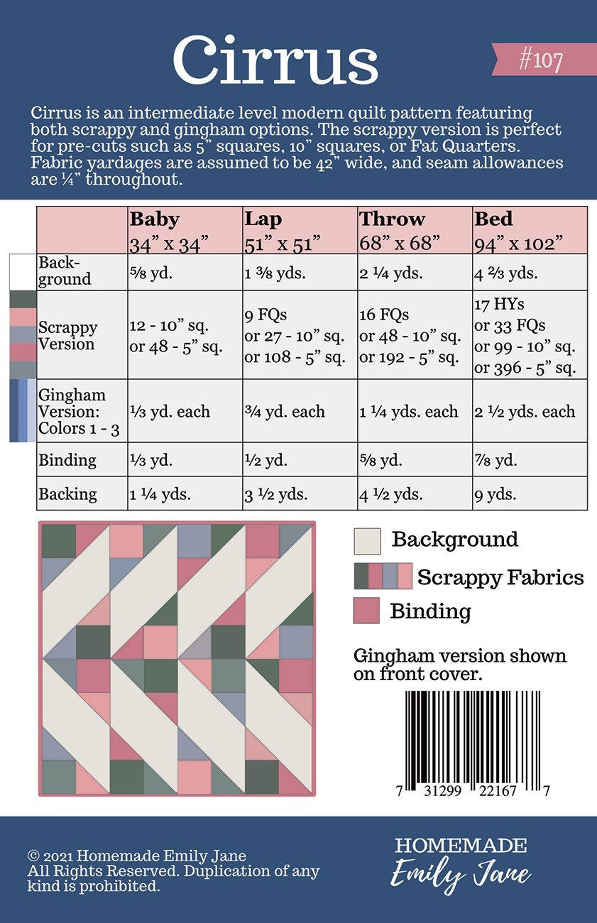 Cirrus Quilt Pattern, Homemade by Emily Jane HMEJ107, Fat Quarter FQ Scrap Friendly Contemporary Quilt Pattern