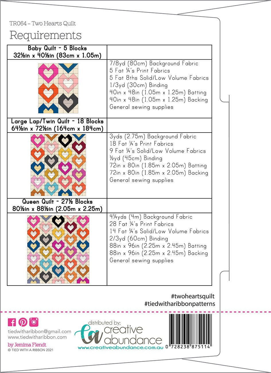 Two Hearts Quilt Pattern, Tied With a Ribbon CATR064, Fat Quarter Eighths Friendly Baby Twin Queen Bed Quilt Pattern, Creative Abundance